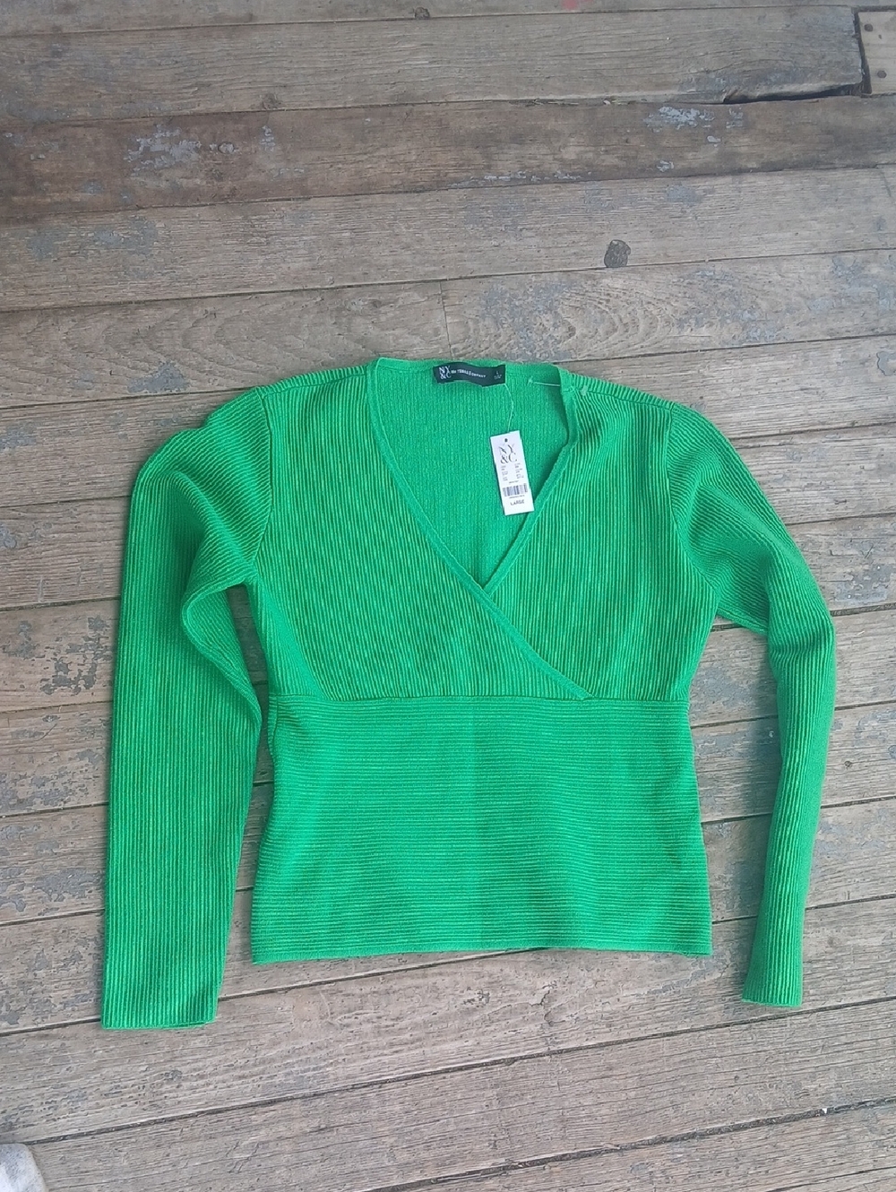 New York & Company Bright Green Ribbed V-Neck Wrap Sweater